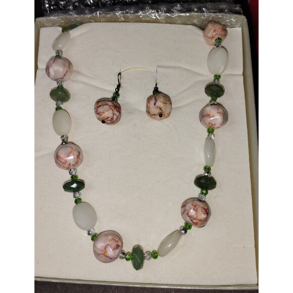 CG 925 Thailand Natural Stone Necklace & Earring Set – Green & Marbled Beads - Picture 1 of 6